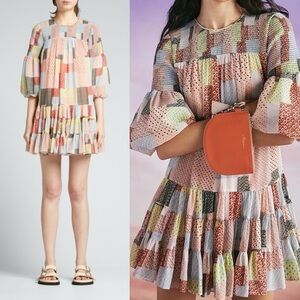Cinq à Sept Patchwork Billowed Sleeve Rika Dress in Cantaloupe Multi Size 8